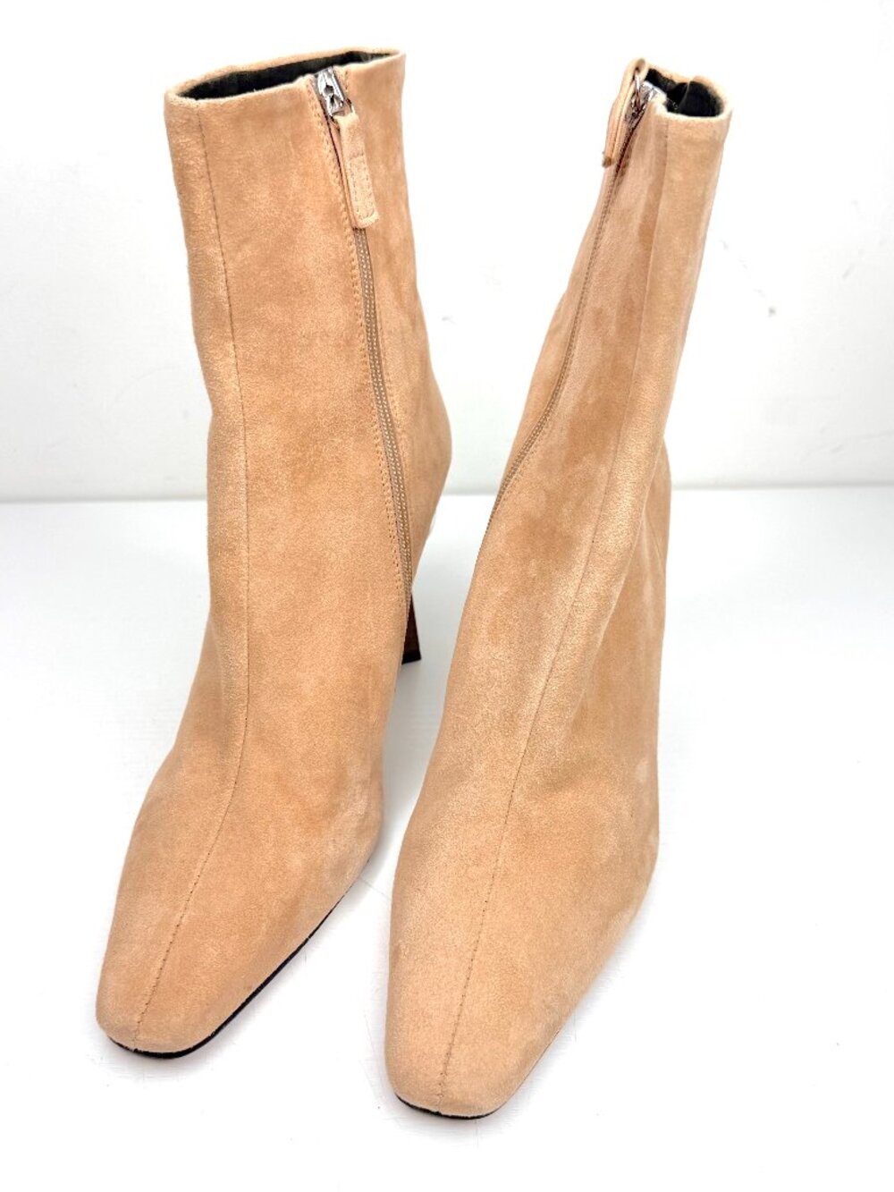 Topshop Hexagon Suede Sculptural Ankle Zip Wooden Heel Boots 10.5 Beige Autumn